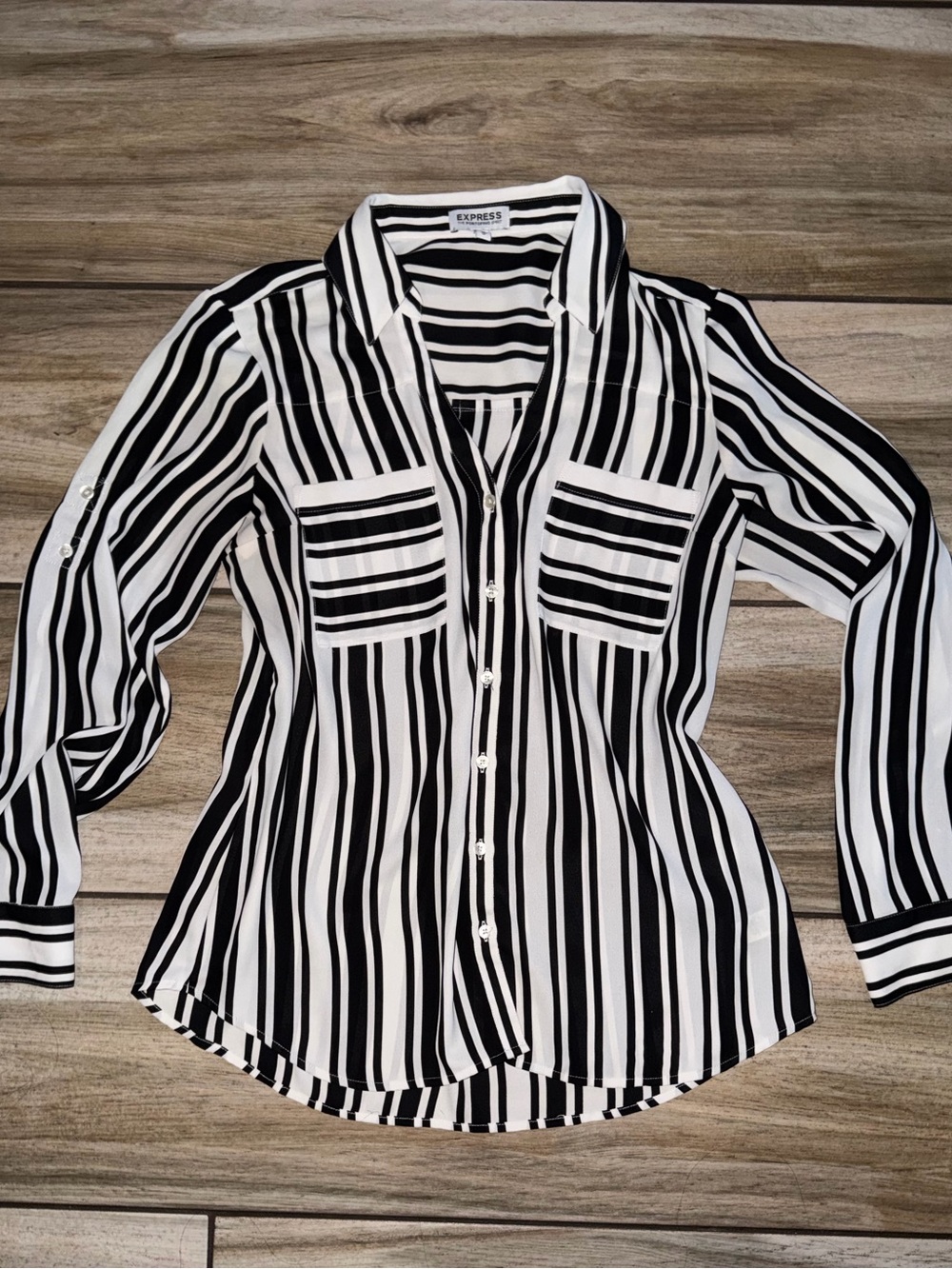 Express Black & White Striped Button-Front Blouse